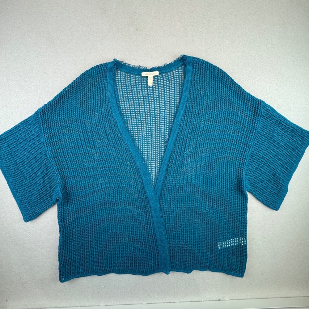 Eileen Fisher Teal Blue Organic Linen Mesh Knit Open Front Cardigan XL S18OKK